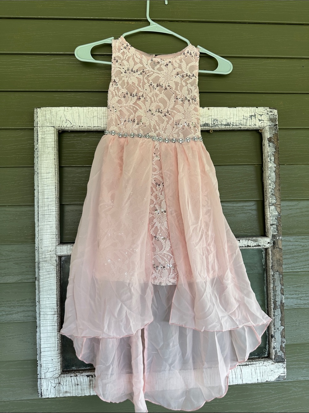 Girls Blush Pink Lace Hi-Low Party Dress with Rhinestone Waist